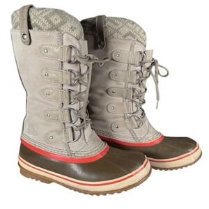 Sorel Joan Of Artic taupe beige lace up rubber boots knit suede tall boots - 8